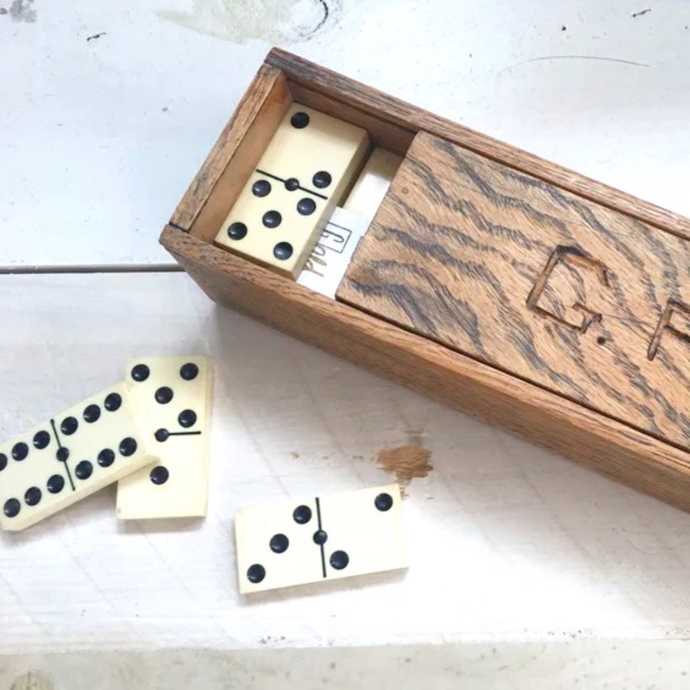 1950s Bakelite dominoes set in oak wood box